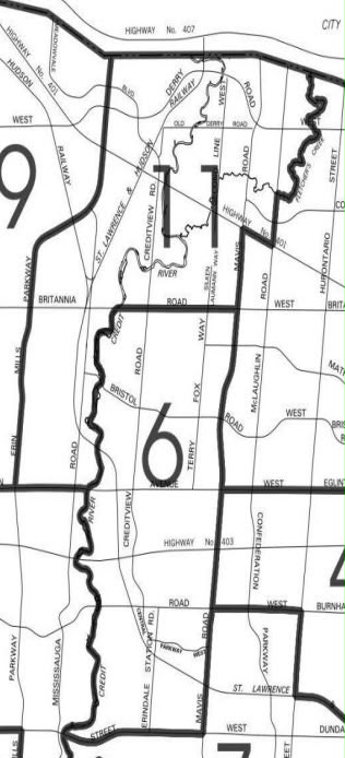 Ward boundary map showing Wards 6 and 11 in Mississauga – the electoral wards Shashi Singh is running in for Peel District School Board Trustee